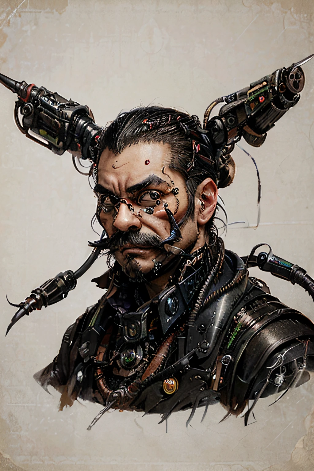 face_portrait, crude, mechanical, adult_male, Japanese, evil, sinister, mustache, mouche, bionic_right_eye, wires_through_face, tubes_through_head, deformed, stitches_across_face, arrogant