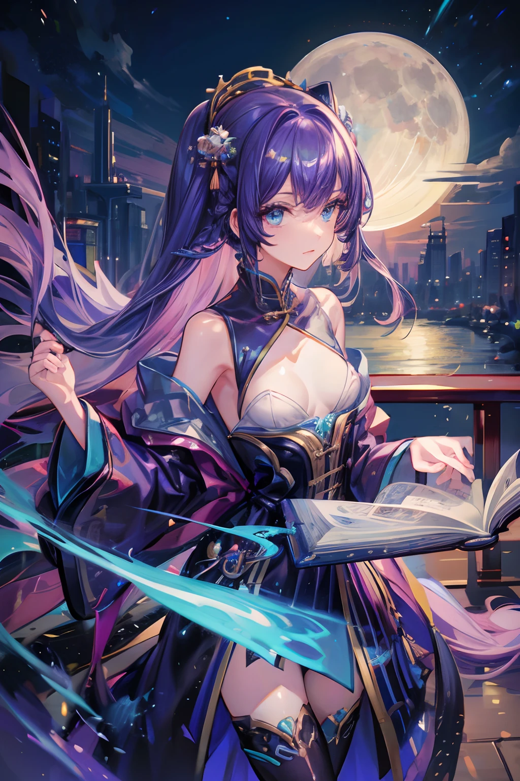 Masterpiece, Best quality, Night, Moon, gaming console_CG, art book, Girl, Long hair, Purple hair, hime_cut, view the viewer, aqua eyes, Small breasts, Chinese costume