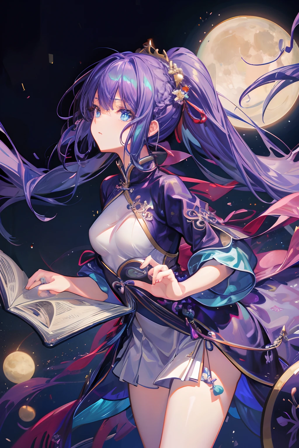 Masterpiece, Best quality, Night, Moon, gaming console_CG, art book, Girl, Long hair, Purple hair, hime_cut, view the viewer, aqua eyes, Small breasts, Chinese costume