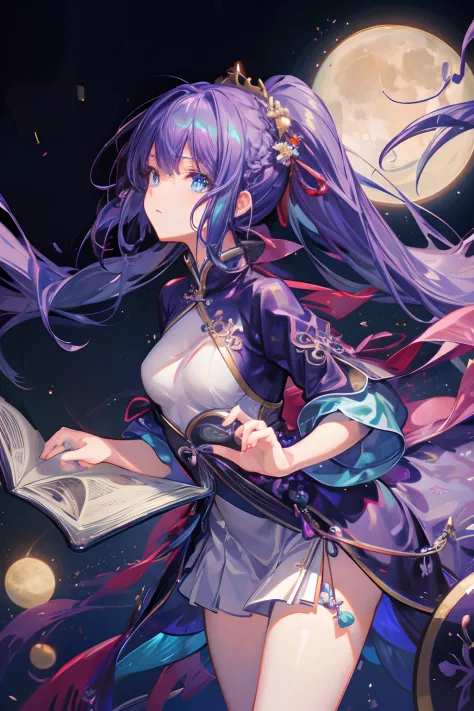 masterpiece, best quality, night, moon, gaming console_cg, art book, girl, long hair, purple hair, hime_cut, view the viewer, aq...