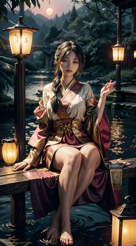 Sitting on a bridge full of river lanterns, feet playing in the water, the art depicts a charming woman dressed in a flowing, si...