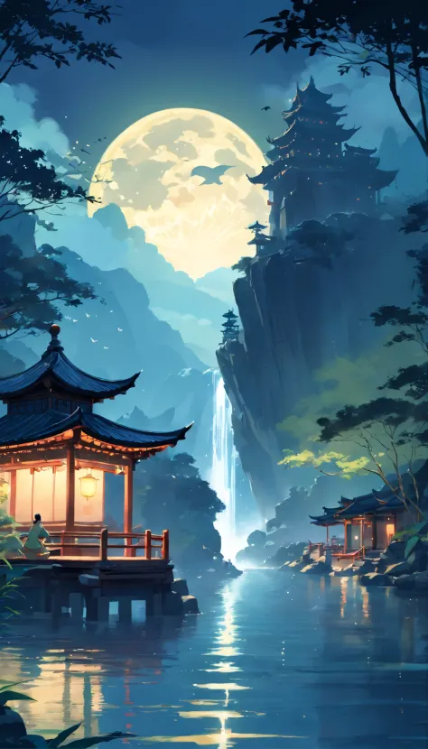 tmasterpiece, best qualityer, Chinese martial arts style, Asian night view with lanterns and water lilies, The Asian lagoon has many lanterns and boats at night，There are a lot of lights and boats on the water, Lake surface, lotuses, beautiful night scene,...