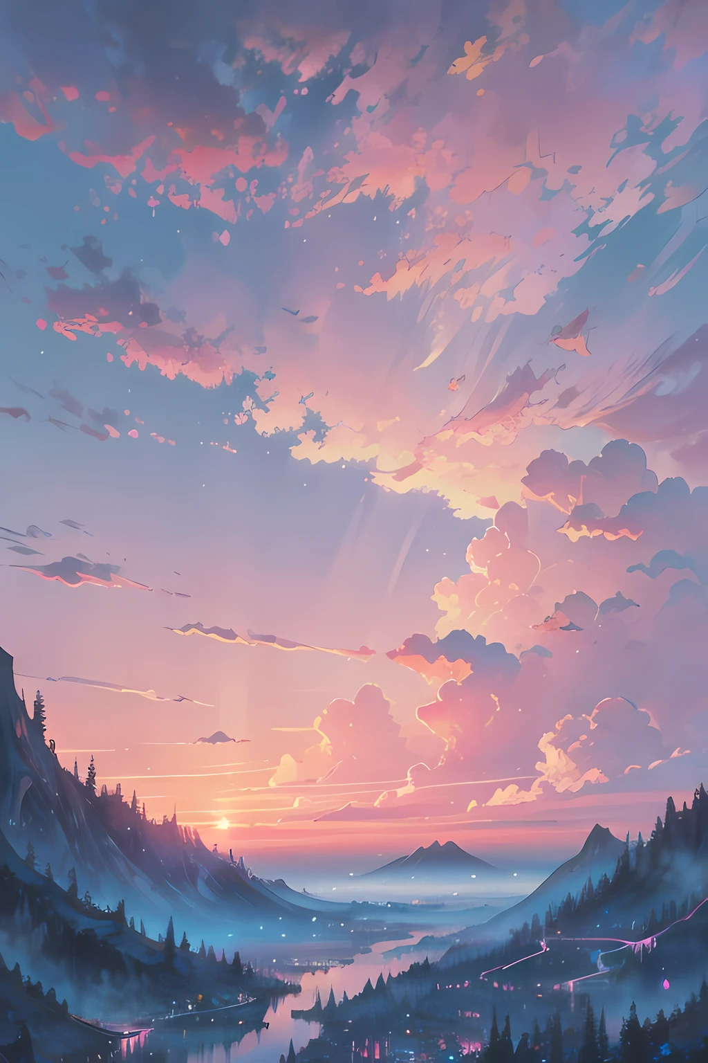 (magical pretty cielo pink stream overlay scene), (cielo), (nubes), iluminación suave, Fondo limpio, hermoso paisaje, obra maestra, alta calidad, hermosos gráficos, Alto detalle,