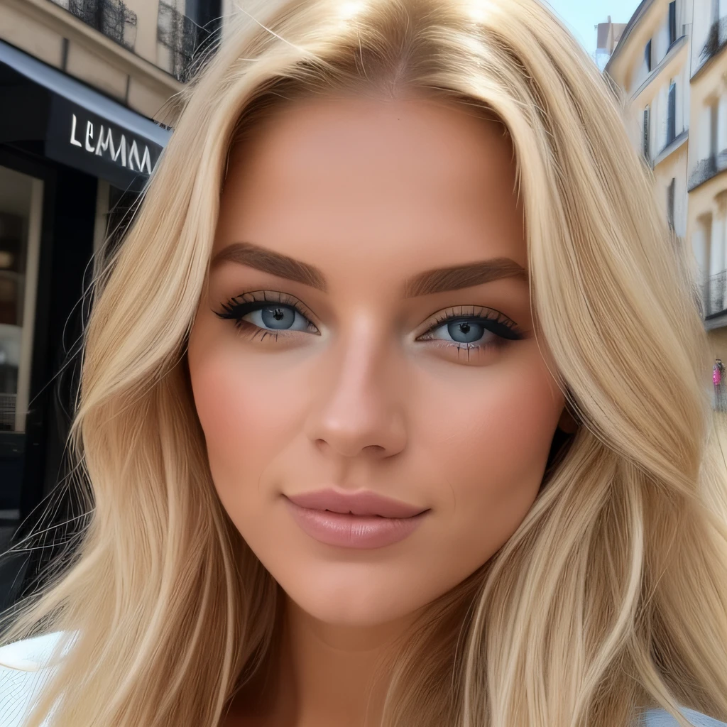 A woman with blonde hair and blue eyes is posing for a picture - SeaArt AI