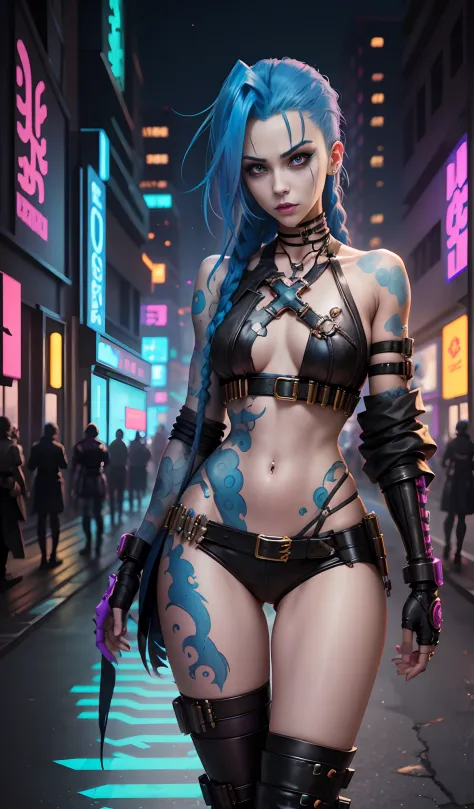 Jinx Arcane, a woman with blue hair and tattoos, female cyberpunk anime woman, cyberpunk anime woman, angry cyberpunk beautiful goddess, cyberpunk art style, cyberpunk anime digital art, cyberpunk anime art, Arcane Jinx Portrait, anime art cyberpunk, Cyber...