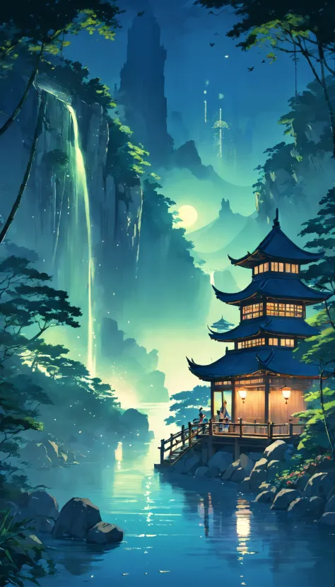 tmasterpiece, best qualityer, Chinese martial arts style, Asian night view with lanterns and water lilies, The Asian Lagoon has many lanterns and boats at night，There are many lights and boats on the water, Lake surface, lotuses, beautiful night scene, (( ...