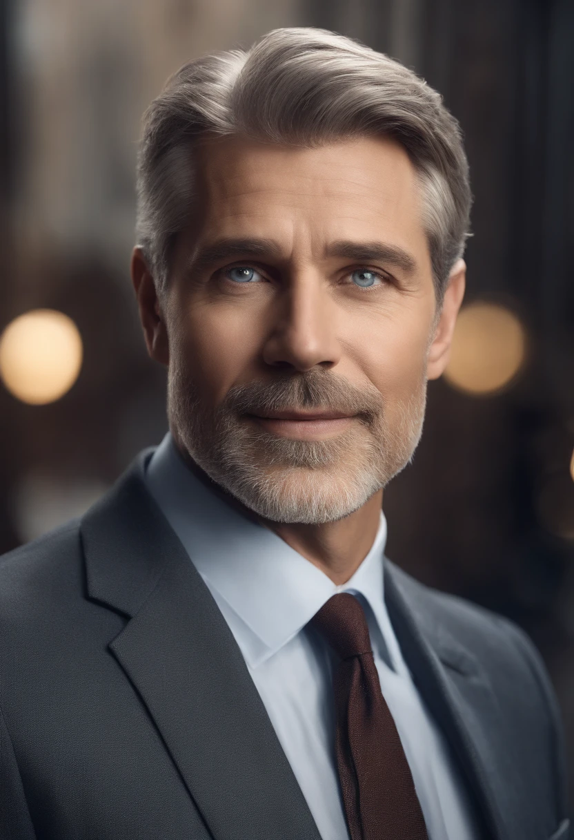 realistic image of middle-aged business professional, 100 ponds of weight, professionally dressed in a suit and tie, high-quality, highest resolution, standing position, hands down, professional, beautiful detailed slightly blue grey eyes , beautiful detailed lips,, graying short hair, kind expression, warm smile, distinguished look, proper lighting, plain background, clean image with no blurry effect, ultra-detailed texture,masterpiece:1.2