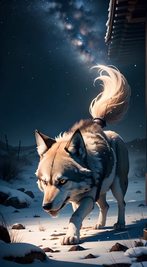 Strong wolf，中景 the scene is，（Full body appearance），Admire the night sky，standing on your feet，Roared，Rush into the night sky，Del...