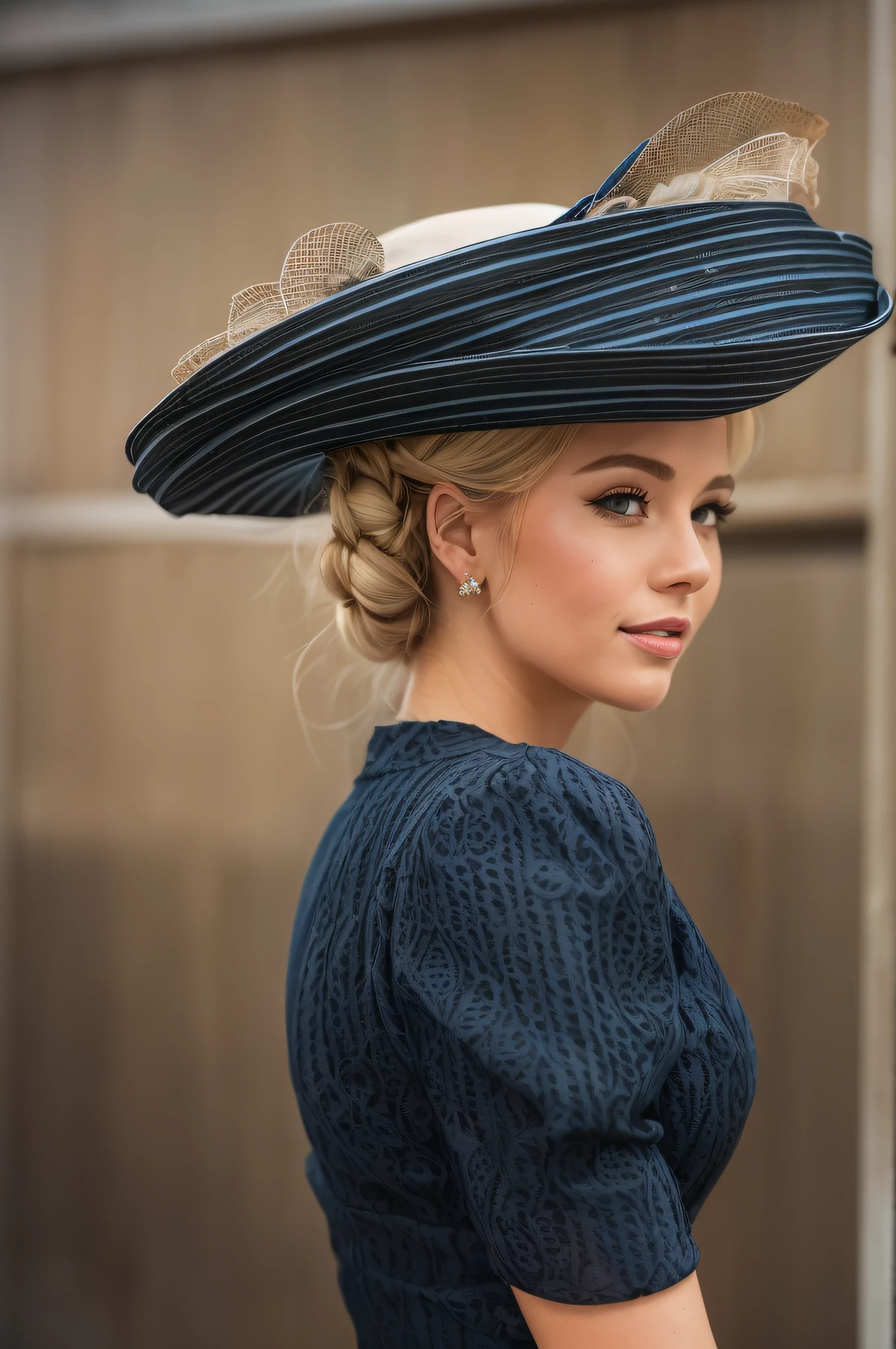 Фотография великолепной молодой блондинки, идеально одетой для Royal Ascot, в ультраконсервативном темно-синем платье с короткими пышными рукавами.