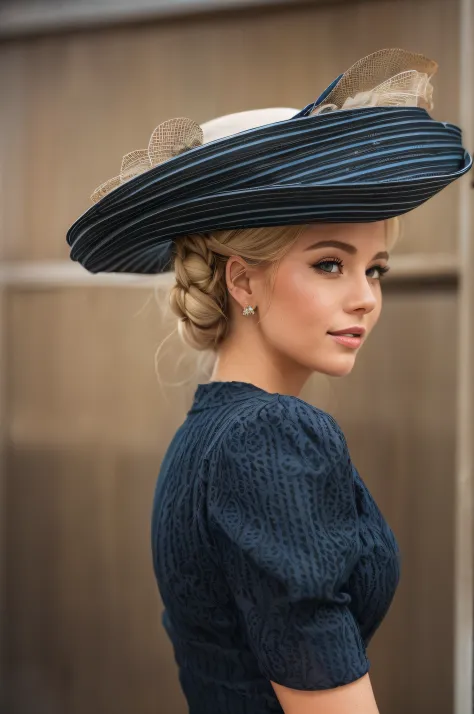 Photograph of a gorgeous young blonde lady dressed perfectly for Royal Ascot in an ultraconservative navy blue dress with short ...