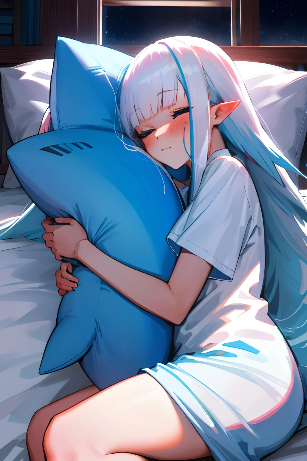 Anime girl with blue hair and white shirt hugging a blue pillow - SeaArt AI