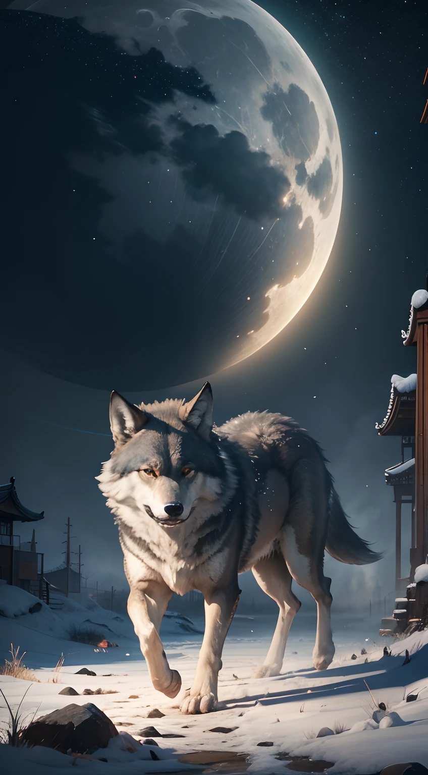 Strong wolf，The scene is，（Full body appearance），Admire the night sky，standing on your feet，Roared，Rush into the night sky，Delicate depiction of hair，（Extremely detailed depiction of the wolf's body），Empty night sky，Transparent Nebula，pagoda，Auspicious clouds，The huge full moon shines brightly，Endless savannah，（Snowflakes flying），Empty visuals，ultra-wide-angle，Winter tones，light and shadow effect，Light particle tracing，rendering by octane，Movie lighting，Surreal landscape，clear contour light，rim-light，fanciful，（8K resolution），spotlight lightasterpiece，Master painting，photorealestic，realisticlying