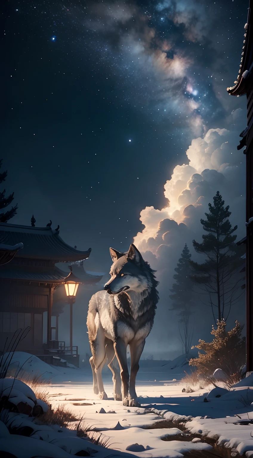 Strong wolf，中景 the scene is，（Full body appearance），Admire the night sky，standing on your feet，Roared，Rush into the night sky，Delicate depiction of hair，（Extremely detailed depiction of the wolf's body），Empty night sky，Transparent Nebula，pagoda，Auspicious clouds，The huge full moon shines brightly，Endless savannah，（Snowflakes flying），Empty visuals，ultra-wide-angle，Winter tones，light and shadow effect，Light particle tracing，rendering by octane，Movie lighting，Surreal landscape，clear contour light，rim-light，fanciful，（8K分辨率），spotlight lights，Masterpiece，Master painting，photorealestic，realisticlying