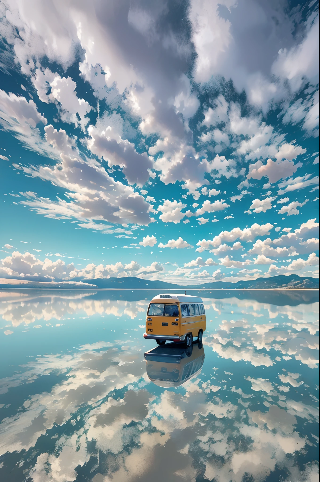 pixai，Old camper van close-up，Old camper van in a large body of water with clouds in the sky, At Salar de Uyuni, Amazing reflections of the sky, Incredible reflections, beautiful reflection, stunning photo, epic and stunning, Crossing the Blue Horizon