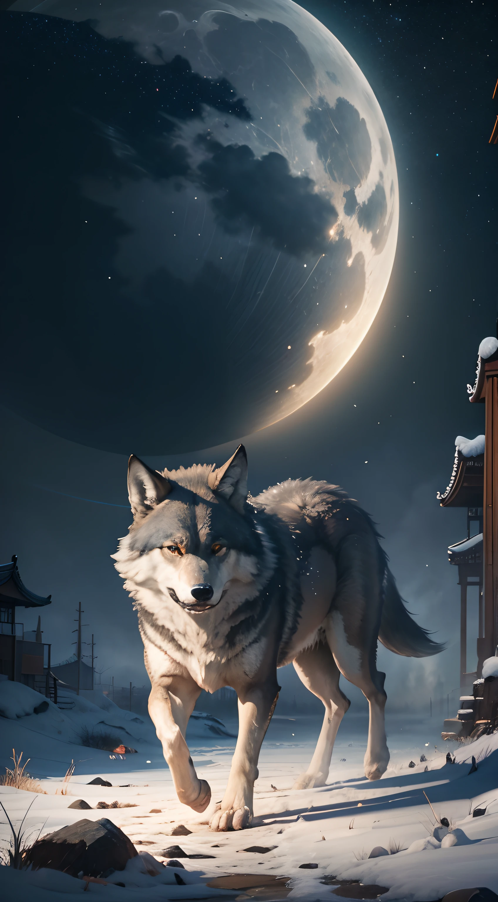 Strong wolf，中景 the scene is，（Full body appearance），Admire the night sky，standing on your feet，Roared，Rush into the night sky，Delicate depiction of hair，（Extremely detailed depiction of the wolf's body），Empty night sky，Transparent Nebula，pagoda，Auspicious clouds，The huge full moon shines brightly，Endless savannah，（Snowflakes flying），Empty visuals，ultra-wide-angle，Winter tones，light and shadow effect，Light particle tracing，rendering by octane，Movie lighting，Surreal landscape，clear contour light，rim-light，fanciful，（8K分辨率），spotlight lights，Masterpiece，Master painting，photorealestic，realisticlying