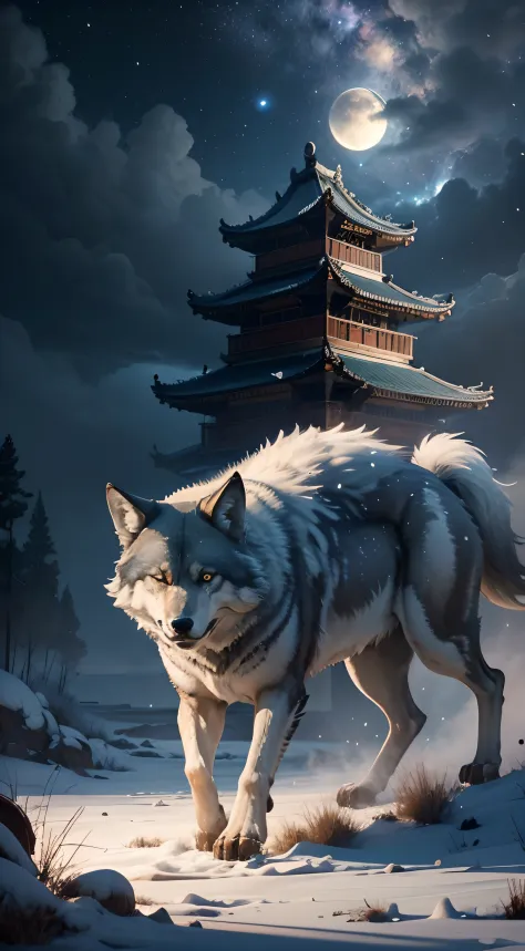 Strong wolf，中景 the scene is，（Full body appearance），Admire the night sky，standing on your feet，Roared，Rush into the night sky，Del...