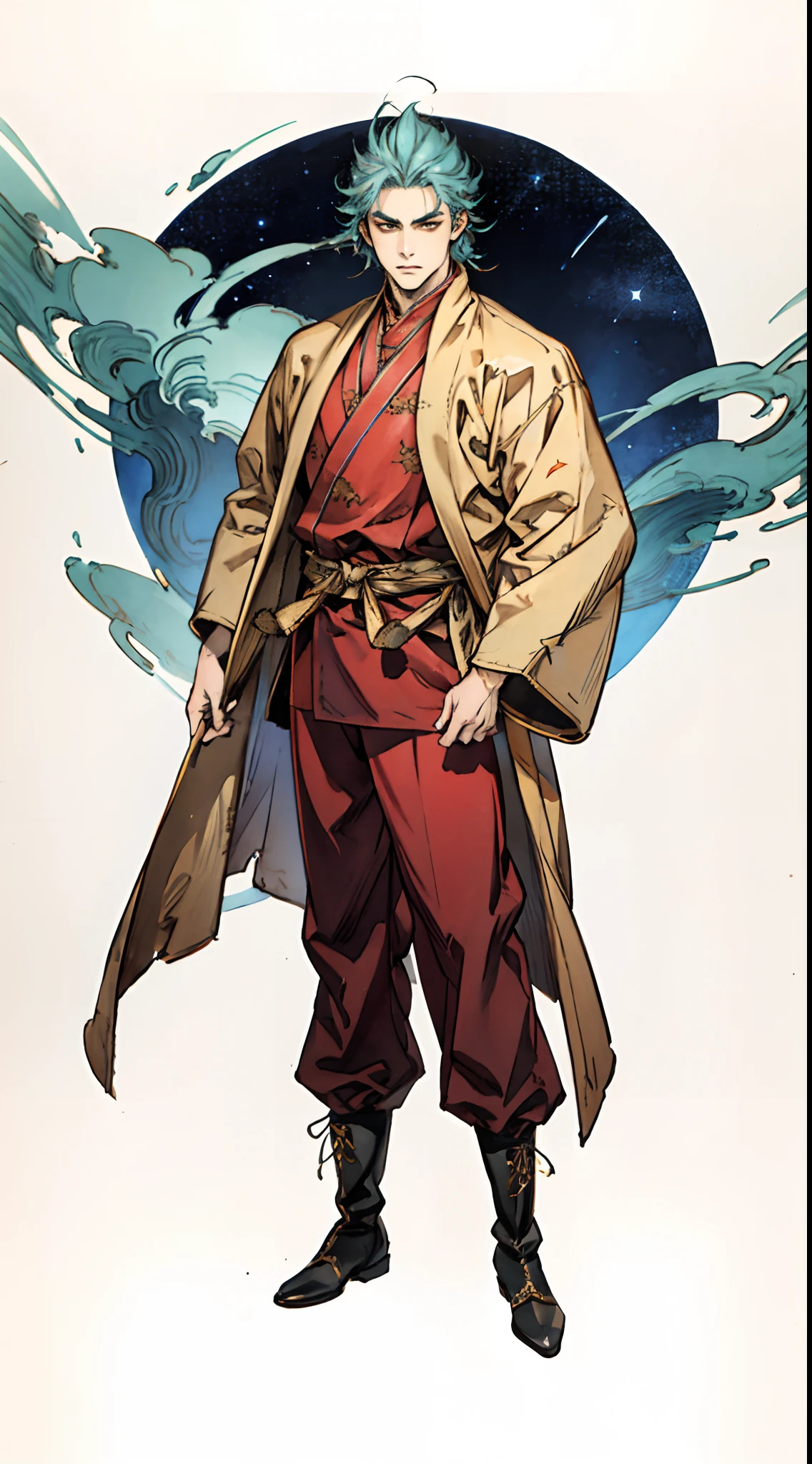 Ein junger Mann mit kurzen aquamarinfarbenen Haaren, Scharfe Augenbrauen, sternenklare Augen, eine gerechte Aura ausstrahlend, ein zweiteiliges Fantasy-Outfit im Wuxia-Stil, mit einem traditionellen langen chinesischen Kampfkunstkleid, ein weiter Mantel, fließende Ärmel, Die Farbgebung ist hauptsächlich rot und weiß, mit Gelb als Sekundärfarben, passende Hose, robuste Stoffstiefel, Der Hintergrund zeigt ein verträumtes Muster aus geometrischen Symbolen und Sternen, Dieser Charakter verkörpert einen fein ausgearbeiteten chinesischen Kampfhelden im Fantasy-Stil im Anime-Stil, gekennzeichnet durch einen exquisiten und ausgereiften Manga-Illustrationsstil, Ganzkörper-Charakterzeichnung, hochauflösend, beste Qualität, highres, ultra-detailliert, Feinste Malerei, extrem empfindlich, Fachmann, anatomisch korrekt, symmetrisches Gesicht, extrem detaillierte Augen und Gesicht, Hochwertige Augen, Kreativität, RAW-Foto, UHD, 8k, Natürliches Licht, filmische Beleuchtung, Meisterwerk:1.5