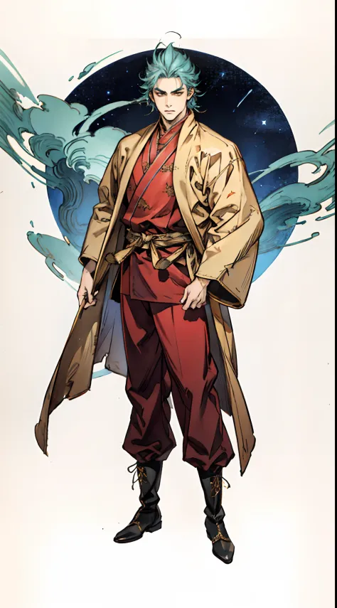 A young man with short aquamarine hair, sharp eyebrows, starry eyes, radiating a righteous aura, a two-piece fantasy wuxia-style...