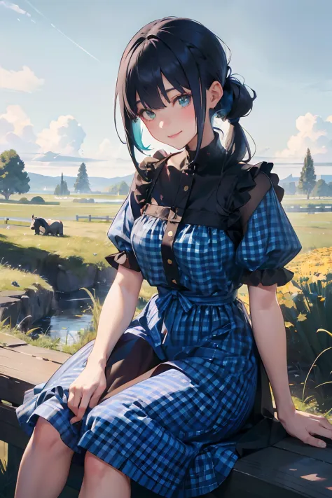 a 20 yo woman、Black blue Hair、poneyTail、Big smile、Blue gingham check dress、full bodyesbian、(hi-top fade:1.3)、dark themed、Muted Tones、Subdued Color、highly contrast、Green meadow background、Have autumn fruits、apple、(natural skin textures、Hyper-Realism、Soft li...