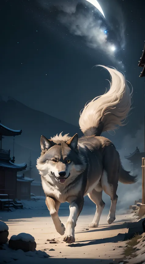 Strong wolf，中景 the scene is，（Full body appearance），Admire the night sky，standing on your feet，Roared，Rush into the night sky，Del...