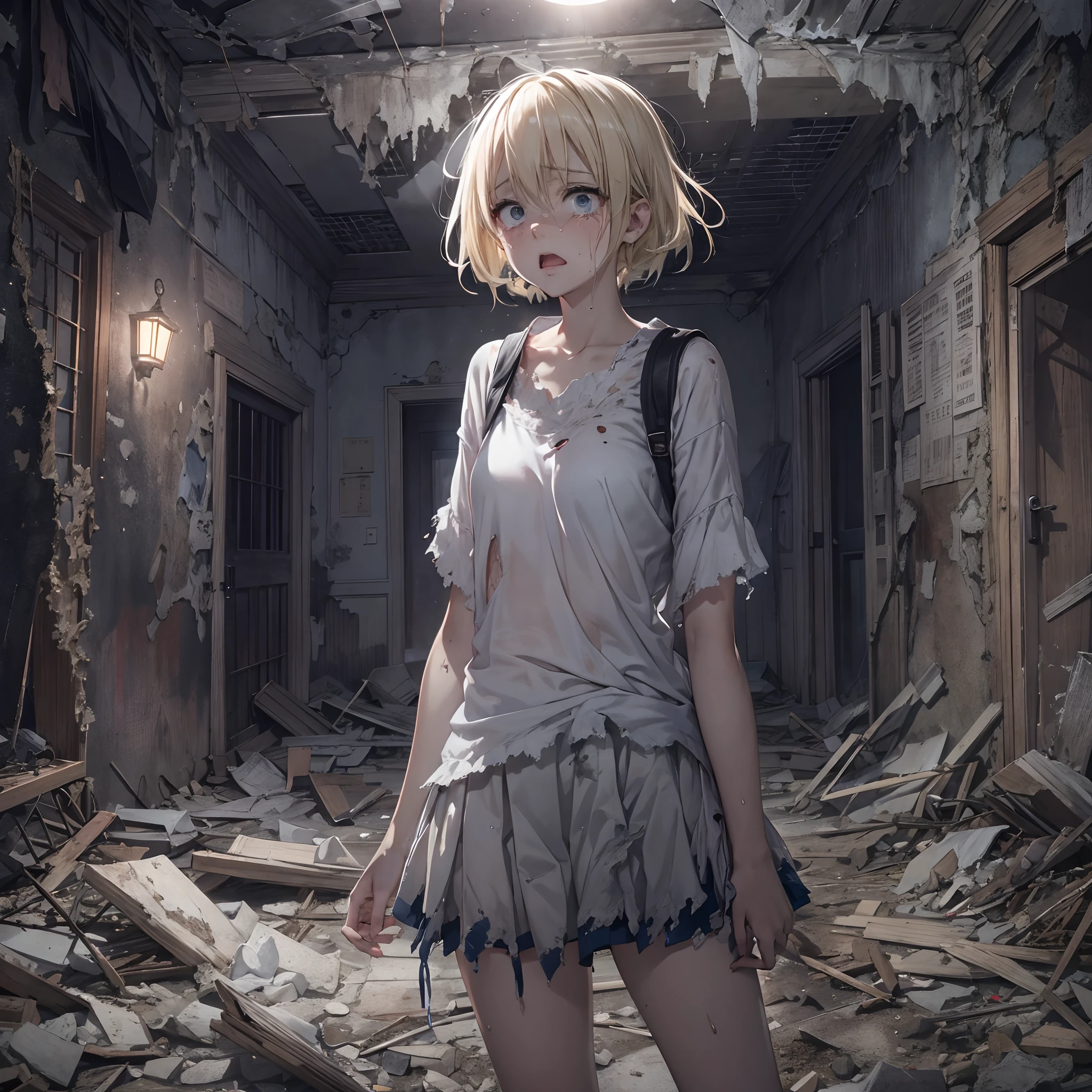 masutepiece,finely detail,8k,Haunted spot,mid night,Ruins,flash lights,A white ghost is standing behind,Crumbled room,horror atmosphere,solo,Short twin-tailed blonde hair and short twin-tailed blonde hair,Frightened look,Tears,tatteredclothing、Tattered skirt、Sweat appears、