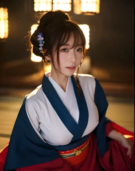 Best Quality,8K,Realistic:1.37) ,Long hair,Brown hair, Colossal tits:1.5,Dim lighting,darkened room,kimono,花魁,Thin open eyes,Ope...