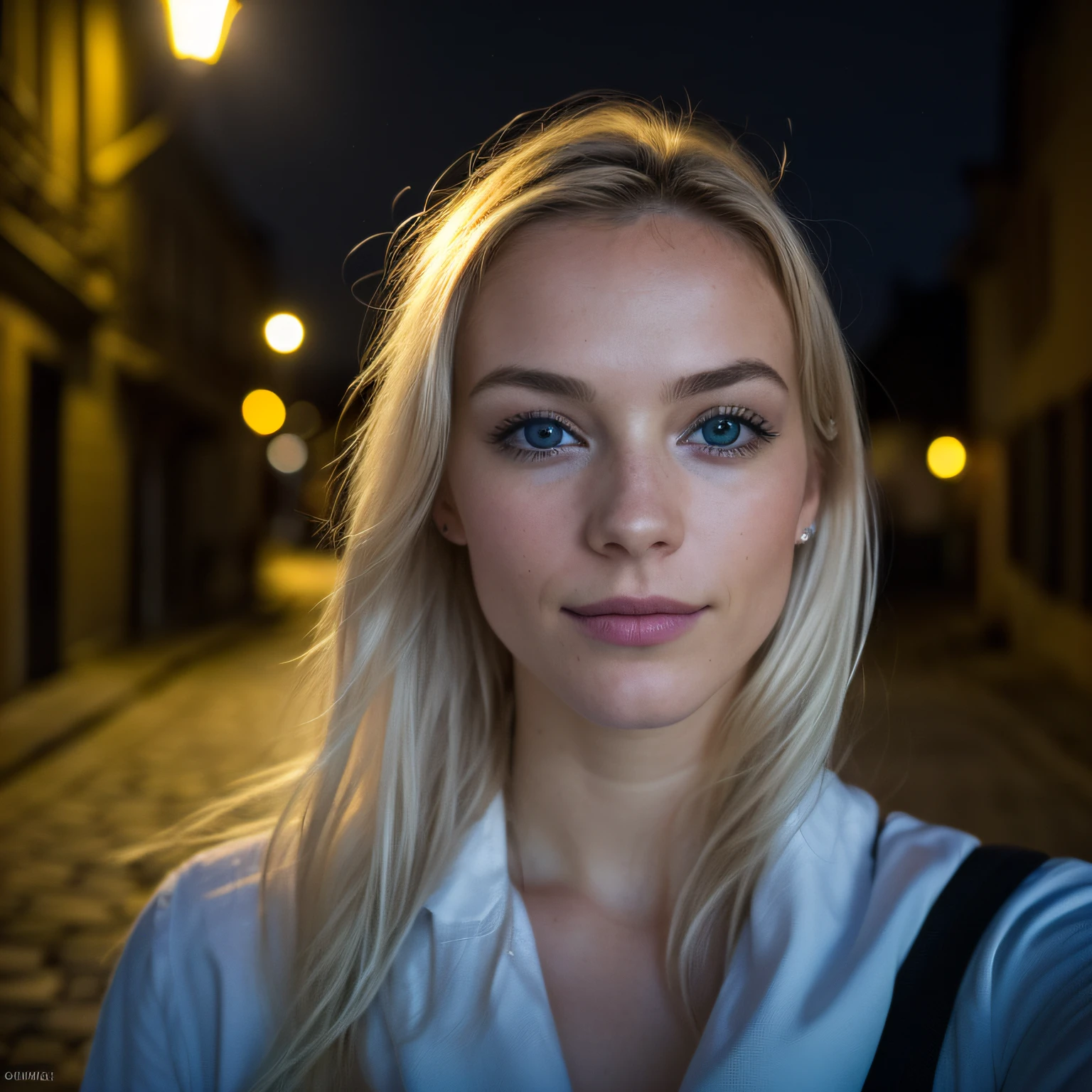 (Selfie, Plan: 1.4), (Right half of the body: 1.4), RAW UHD portrait photo of a 24-year-old blonde (Femme aux yeux bleus) Marcher dans une ruelle sombre, gros seins,, Ville la nuit, (rocher), (Encolure), specifics (Tissu! , Cheveux! , Briller, Couleur!! , disadvantages: 1.1), Bright eyes with a high level of detail (staring into the camera), SLR lighting, Appareil photo reflex mono-objectif, ultra quality, re sharpness, profondeur de champ, Filmkorn (Milieu), Fujifilm XT3, Limpide, Rahmenmitte, beau visage, mise au point nette, street lamp, Neonbeleuchtung, Bokeh (dimly lit), Nuit, (Ciel nocturne), Detailed skin pores, peau grasse, Coup de soleil, Complex eyesDetails, corps entier entier, gros seins