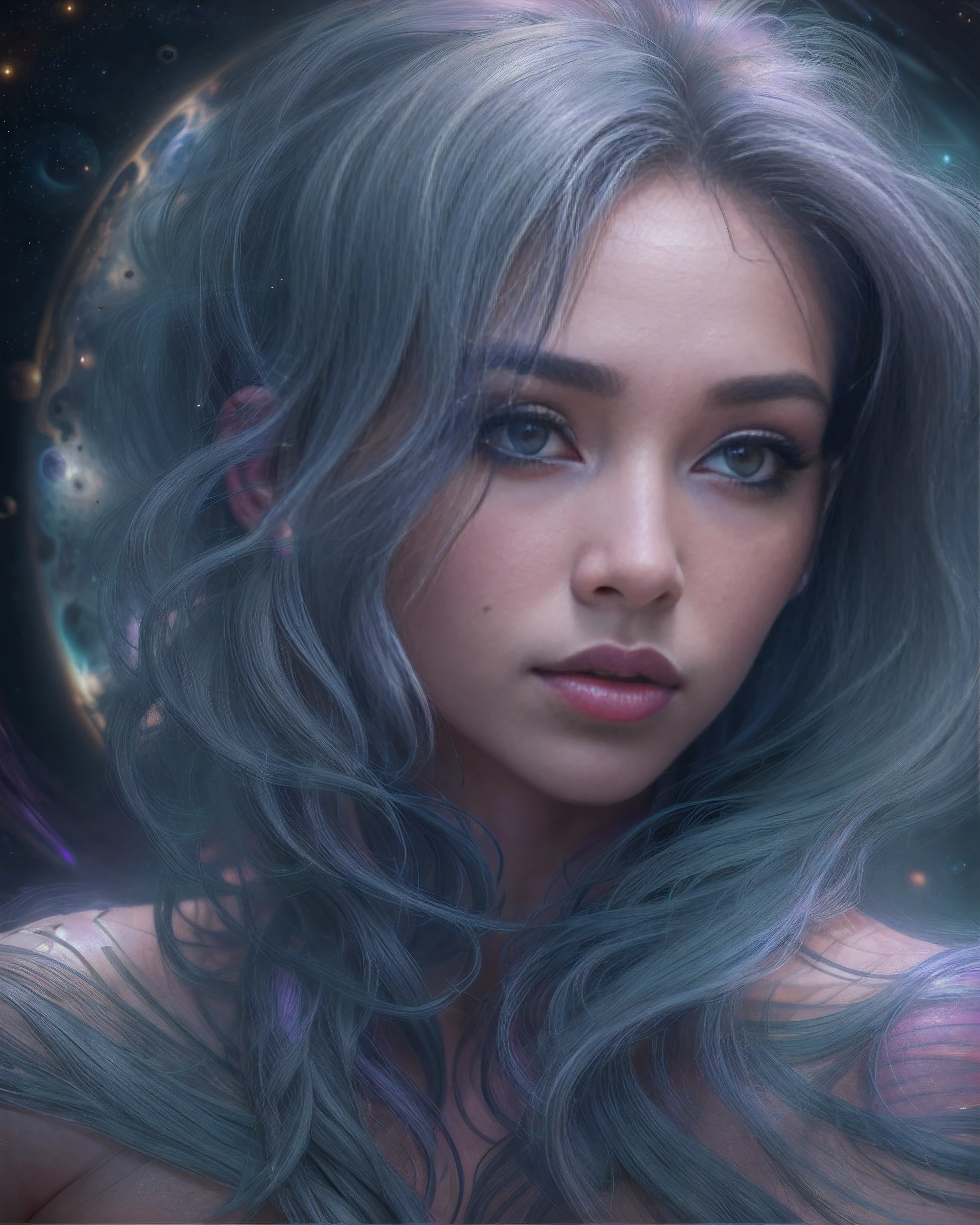 (Naked:1.2), Photo of a gorgeous young woman, realistic skin texture, Looking down, 1 / 2 Exterior Finishes, 8 5mm Artistic Lens, F 1. 2, sharp-focus, 8K High definition, insanely detailed, Intricate, elegant, Drawn by Stanley Lau and artgerm, Violet luminous rays, in style of dark fantasy art, Side Shot, (Cheeky face), realistic 4k digital art, (Gloomy color scheme:1.5), Space and black holes in the background.
