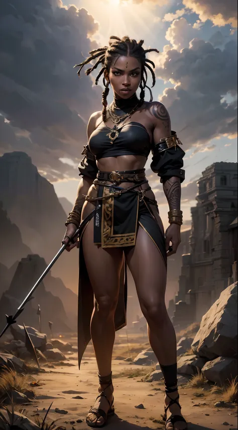 A full body ebony woman, ((standing:2)), (holding a spear:1.7), (happyness look:0.8), (wearing battle outfit:1.1), (elaborated dreadlock hairstyle:1.5), (feline teeth:0.9), (tribal tattoo:1.1), sunrise backgroud, sunray, hyper detailed, hyper realistic, lo...