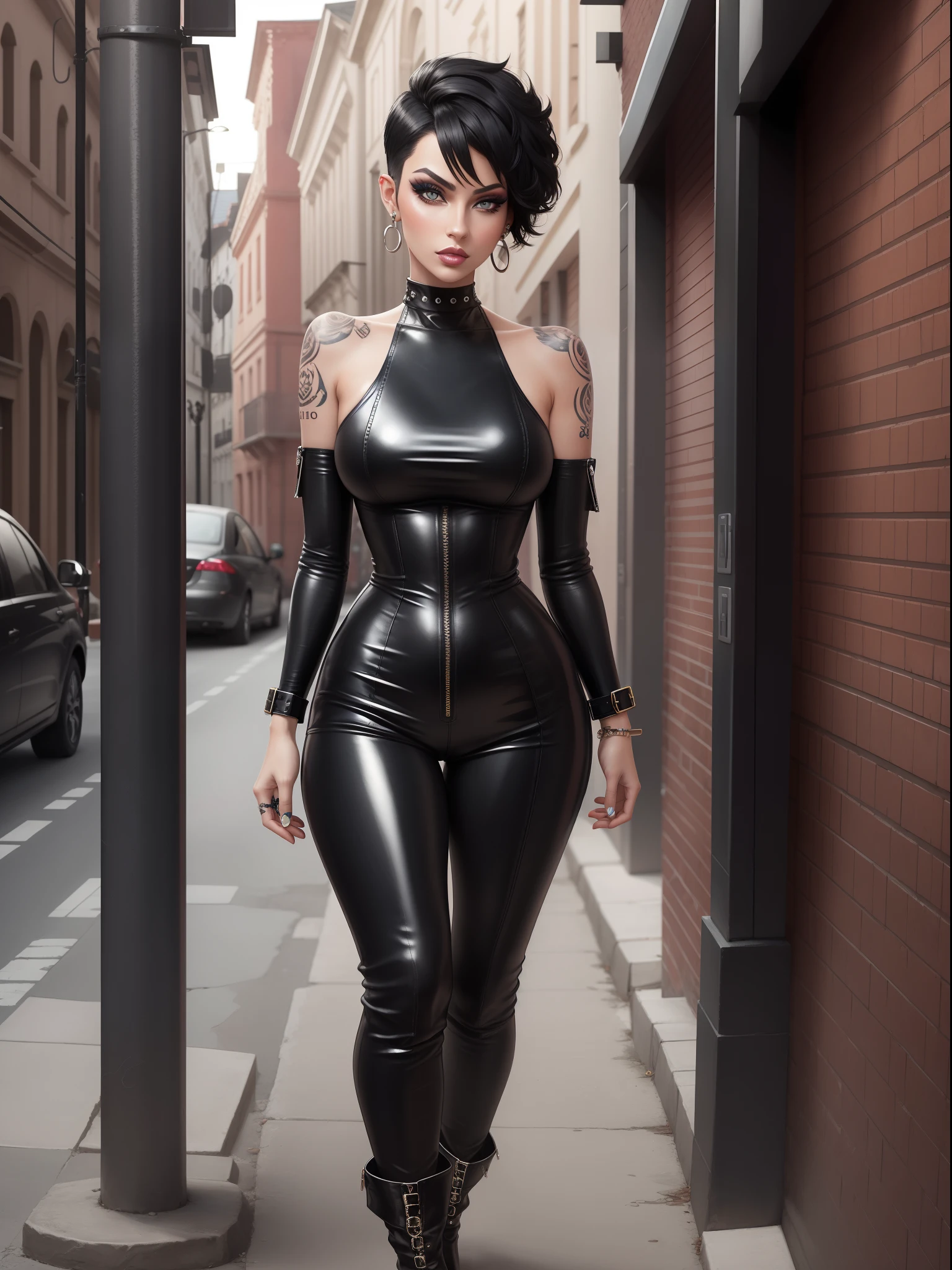 DigiArt Style, looking at viewer, full body, digital art, 1girl, solo, short hair, black hair, azur eyes, earrings, parted lips, lips, eyelashes, tattoo, makeup,  piercing, ear piercing, jewelry, tight leather jumpsuit, leather boots, stilletoes