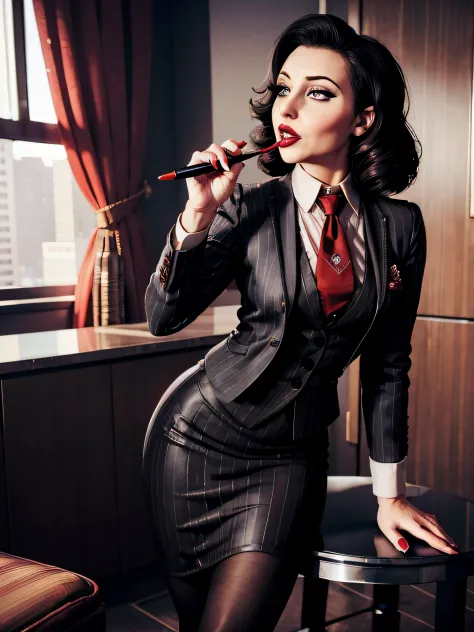 Elizabeth comstock, Portrait, smiling a viewer, (dessous), red lipstick, at detectives office, noire (8k, RAW photo, best qualit...