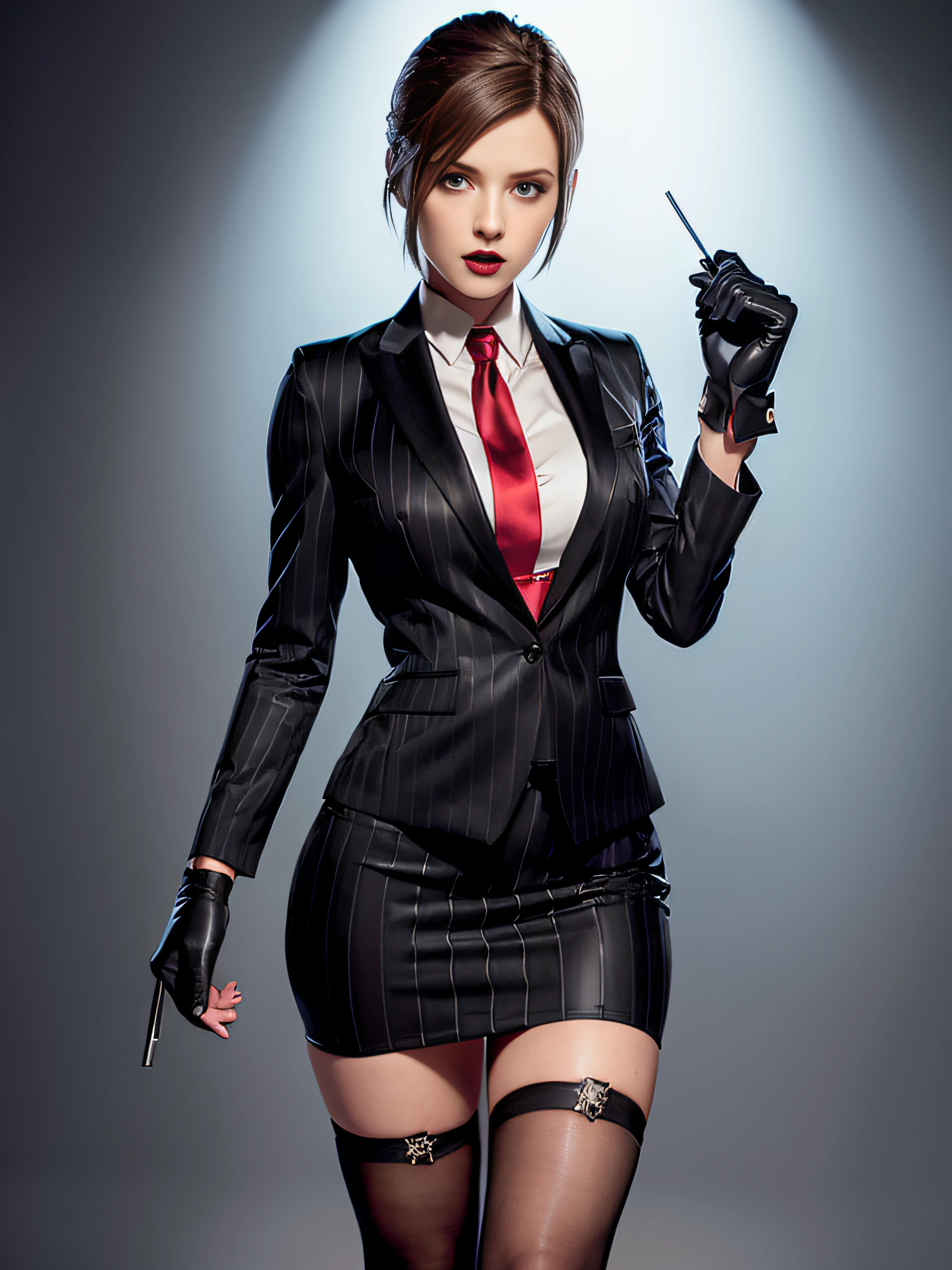 Resident Evil 4, jill valentine, 1girl, makeup, silky hair, fully clothed, skirt suit, suit and tie, (((three-piece suit))), silk dress shirt, shirt and tie, necktie, ((blazer)), ((suit jacket)) ((waistcoat)), bodycon miniskirt, pantyhose, tights, stockings, ((red lipstick)), ((pinstripe suit)), high heels, belt, tie clip, pocket square, tailored suit, (((black gloves))),