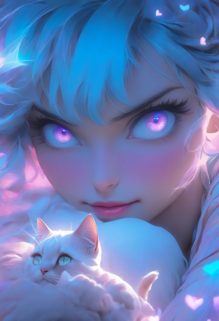 detail, Realism, 4K, Beautuful Women, detail in face, Big blue eyes, Plump lips, Upturned nose, Purple and gray hair, Wearing a light blue dress, The cat in his hands, Blue moonlight background, White butterfly in the foreground, Realistic shooting, depth of fields, Soft front light, Glow, NFFSW ，（zoomout：1.8），(pastelcolor: 1.2), Canon RF 100mm F2.8L 宏 IS USM