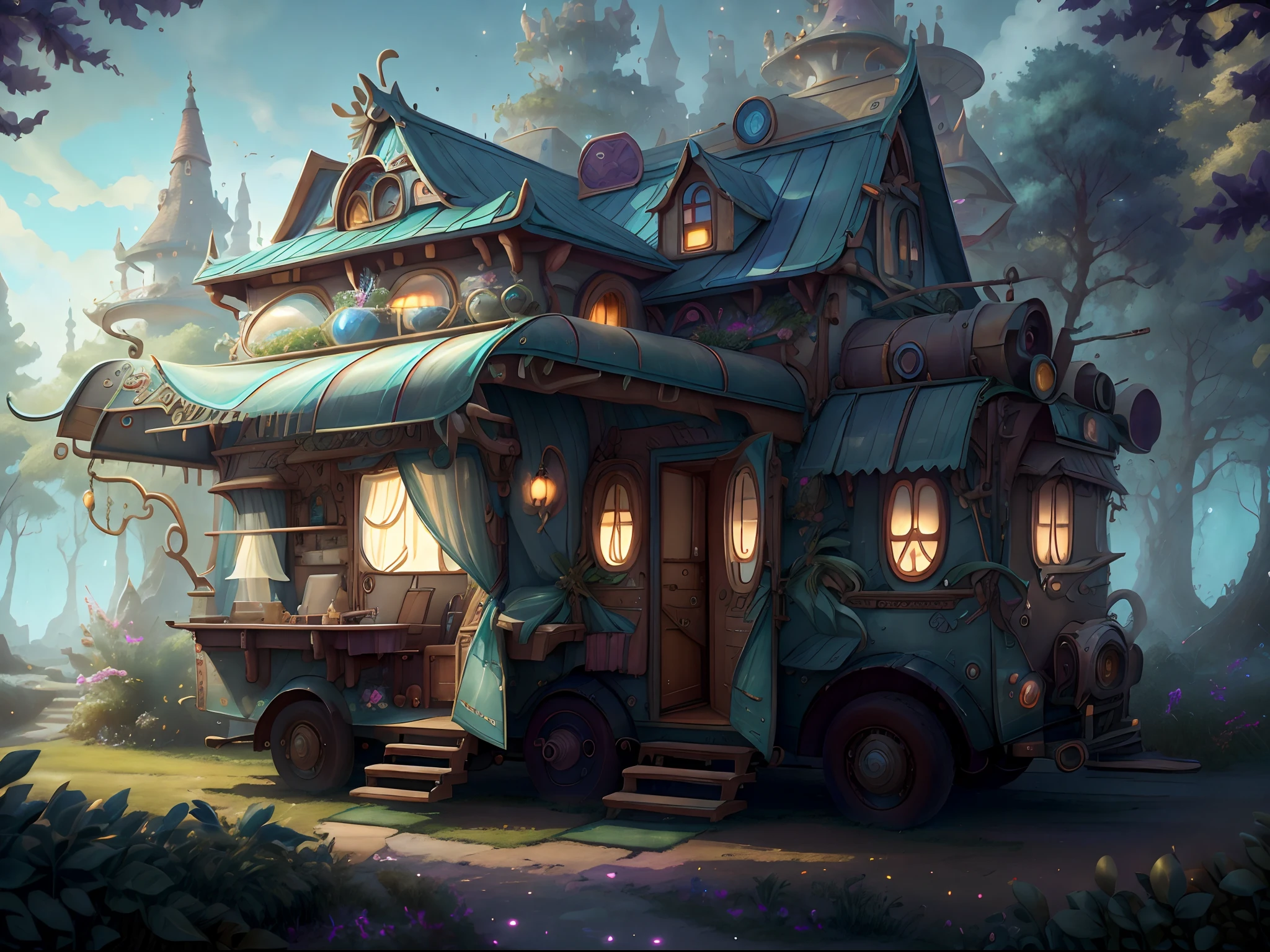 In the wizarding world，The Magic RV is a unique shape that combines magical elements with sci-fi style。They provide a comfortable living environment，It can also meet the needs of action and adventure。Let's analyze the appearance and style of the magic RV step by step，And explore details that may otherwise be overlooked。 exterior design： The exterior design of the Magic RV is extremely creative and imaginative。Above all，It has a streamlined body shape，Different from traditional motorhomes。The body surface is covered with smooth and shiny magic material，It emits a faint magical glow。These materials allow the motorhome to reduce air resistance while driving，Improve fuel efficiency。Additionally，Magic materials also have the ability to heal themselves，Able to repair  injuries on their own。 Windows and lights： The windows of the Magic RV are made of special materials，With transparency adjustment function。By adjusting the magic energy，Passengers can switch the transparency of the windows at will，From fully transparent to absolutely opaque，Implement privacy protection。Additionally，Magic screen technology is incorporated into the windows，Virtual scenes can be projected onto windows，Give passengers an immersive feeling。 RV living space： Go inside the RV，You will be blown away by the spacious and luxurious living space。The Magic RV is designed with an intelligent layout，Features a multifunctional area。The living room area comes with comfortable sofas and a TV wall，Passengers can relax in it。The kitchen area features a state-of-the-art magic stove and fridge，It can meet all kinds of gastronomic needs。The bedroom area is equipped with a magic bed，The hardness and shape can be adjusted according to personal preferences，Ensure good sleep quality。 Powertrain with special features： The power system of the Magic RV is powered by Magic Crystals。These crystals have powerful energy storage and conversion capabilities，A long-lasting and reliable source of power for motorhomes。Additi