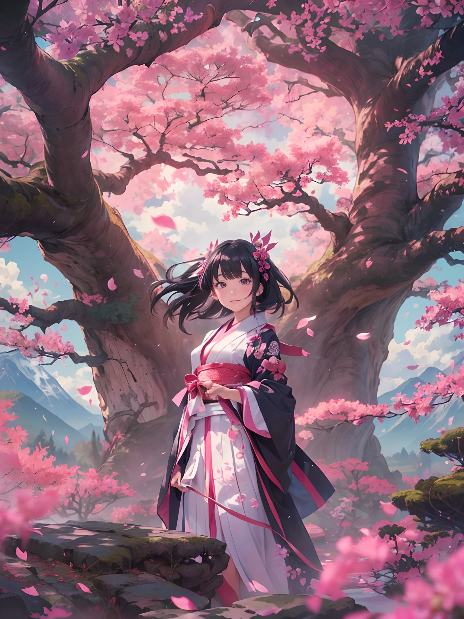 (Best Quality, masutepiece),(1girl in, shrine maiden, Black eye, view front ,Black hair, Walking, Upper body), (Labyrinth of the Night, Huge old tree behind, Glowing pink petals on background, Shrine behind, mountain background, Blowing wind, Meteor clouds)