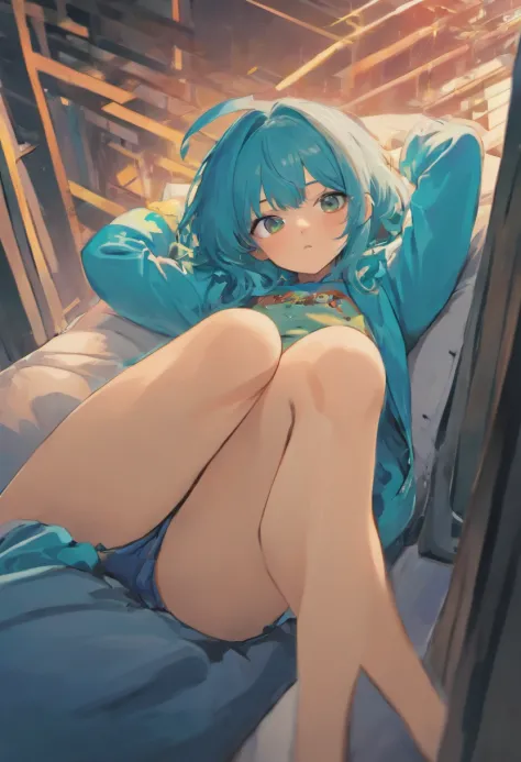 Masterpiece, ultra realistic+++, ultra detailed, 1girl, red hair, 1eye(blue), 1eye(green), ultra detailed limbs+++, realistic body, fit body, seductive smirk, laying on couch, wearing oversized black hoodie, wearing shorts, showing soles of feet, detailed ...