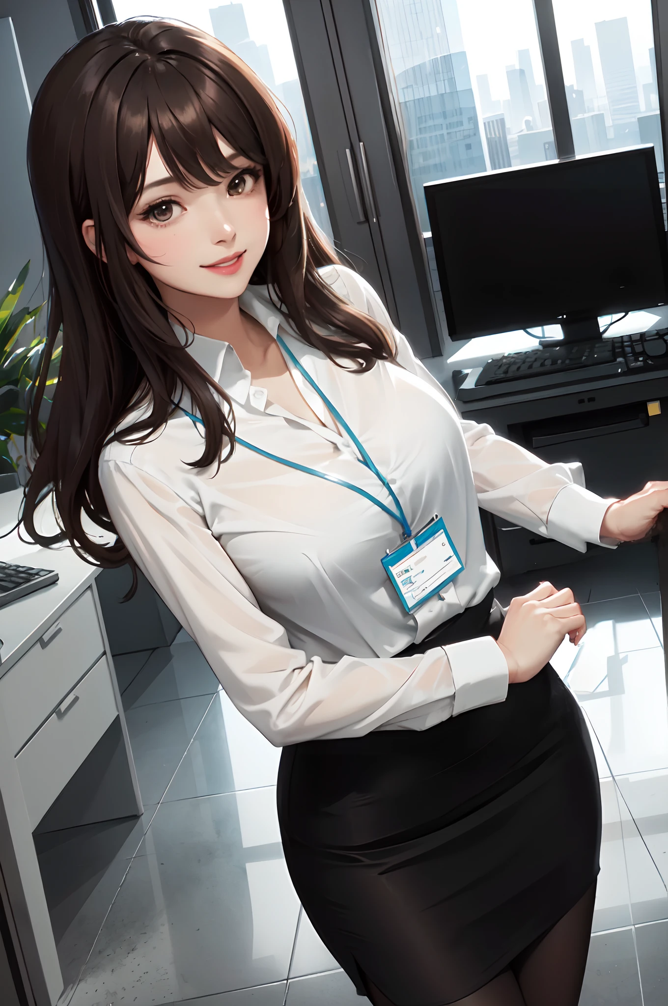 1lady solo office worker, take a walk along the hallway, /(luxury silk shirt pencil skirt/) /(id card lanyard/), /(brown hair/) bangs, kind smile, (masterpiece best quality:1.2) ultra-detailed, large breasts arms down, pantyhose BREAK /(modern office indoors/), /(window skyscraper night/)