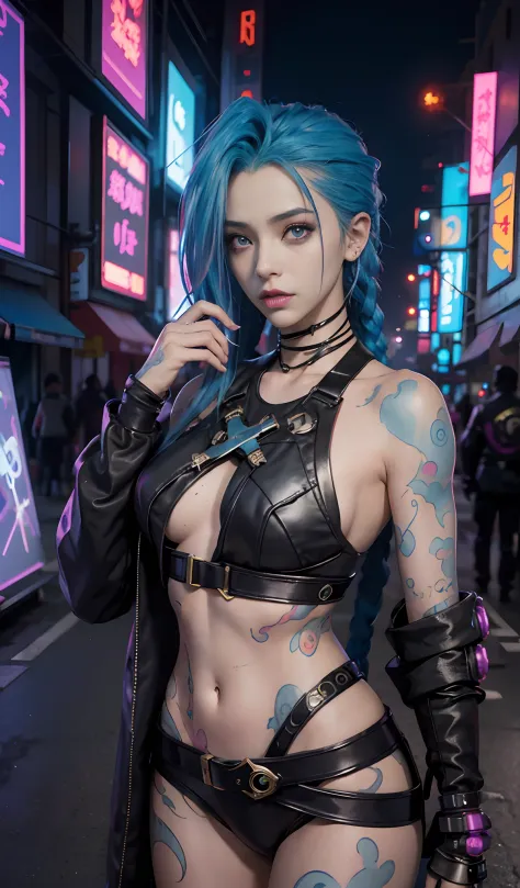 jinx arcane, uma mulher com cabelo azul e tatuagens, mulher cyberpunk mulher anime, mulher anime cyberpunk, deusa linda cyberpunk raivosa, estilo de arte cyberpunk, arte digital de anime cyberpunk, arte de anime cyberpunk, Arcane Jinx Retrato, arte de anim...
