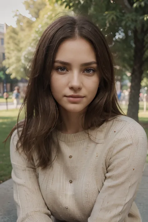 Beautiful dark blonde in beige sweater sitting in a park, Very detailed, 21 years old, Innocent face, Natural hair, gorgeous eye...