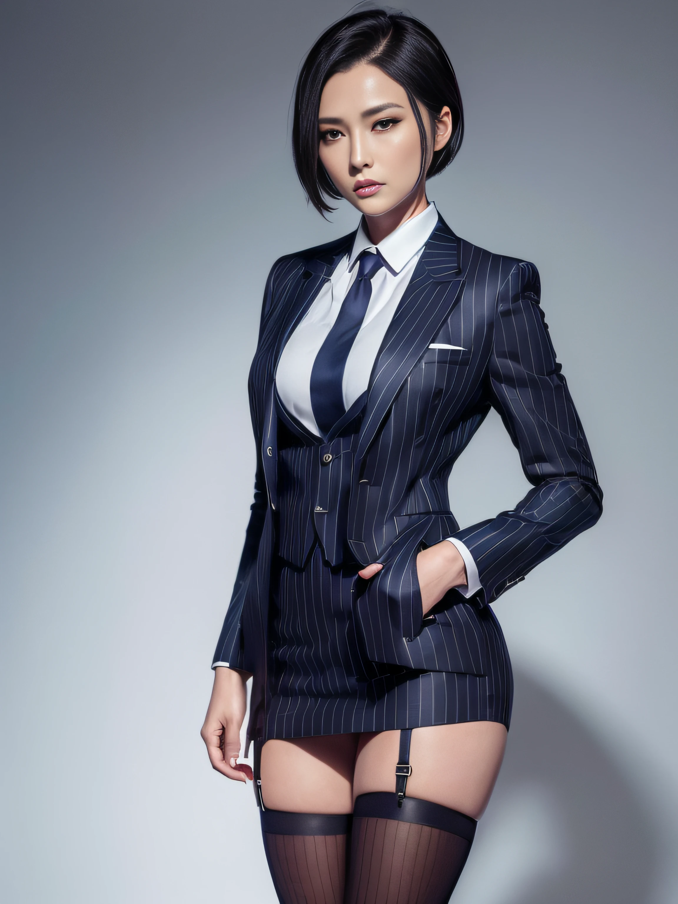 A woman in a suit and stockings posing for a picture - SeaArt AI