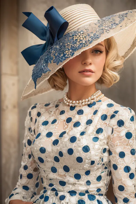 Photograph of a gorgeous young blonde lady dressed perfectly for Royal Ascot in pearls and an ultraconservative white and dark b...