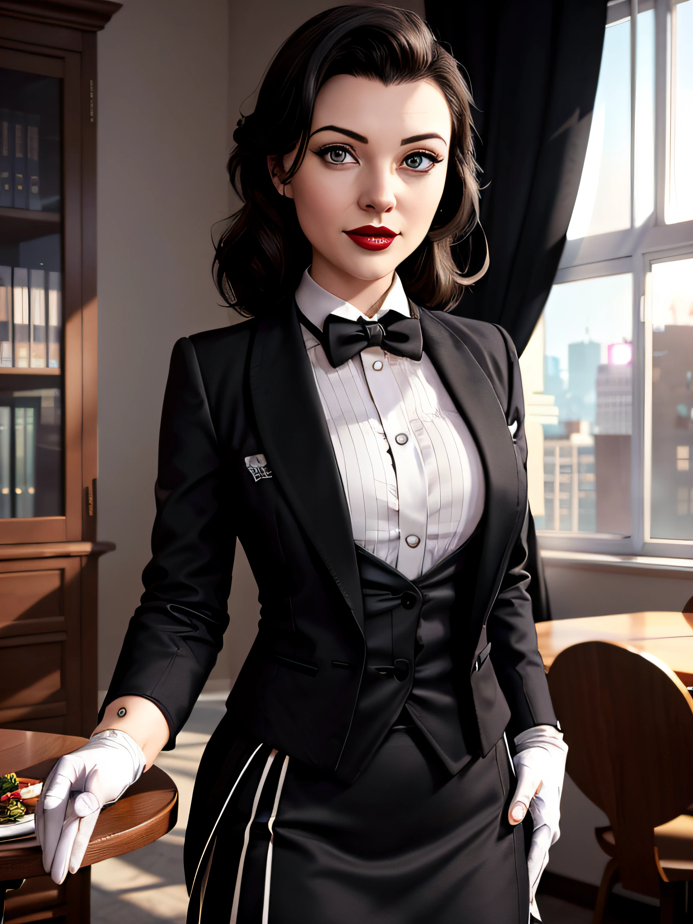 Elizabeth comstock, Portrait, smiling a viewer, (dessous), red lipstick, at detectives office, noire (8k, RAW photo, best quality, masterpiece:1.2),ultra-detailed, (high detailed skin:1.2), 8k uhd, dslr, soft lighting, high quality, fully clothed, pencil skirt, (((bowtie))), (((tuxedo))), (((skirt suit))), (((white gloves))), (((blazer))), (((dinner jacket))), (((waistcoat))), (((black tuxedo))), 1 girl,