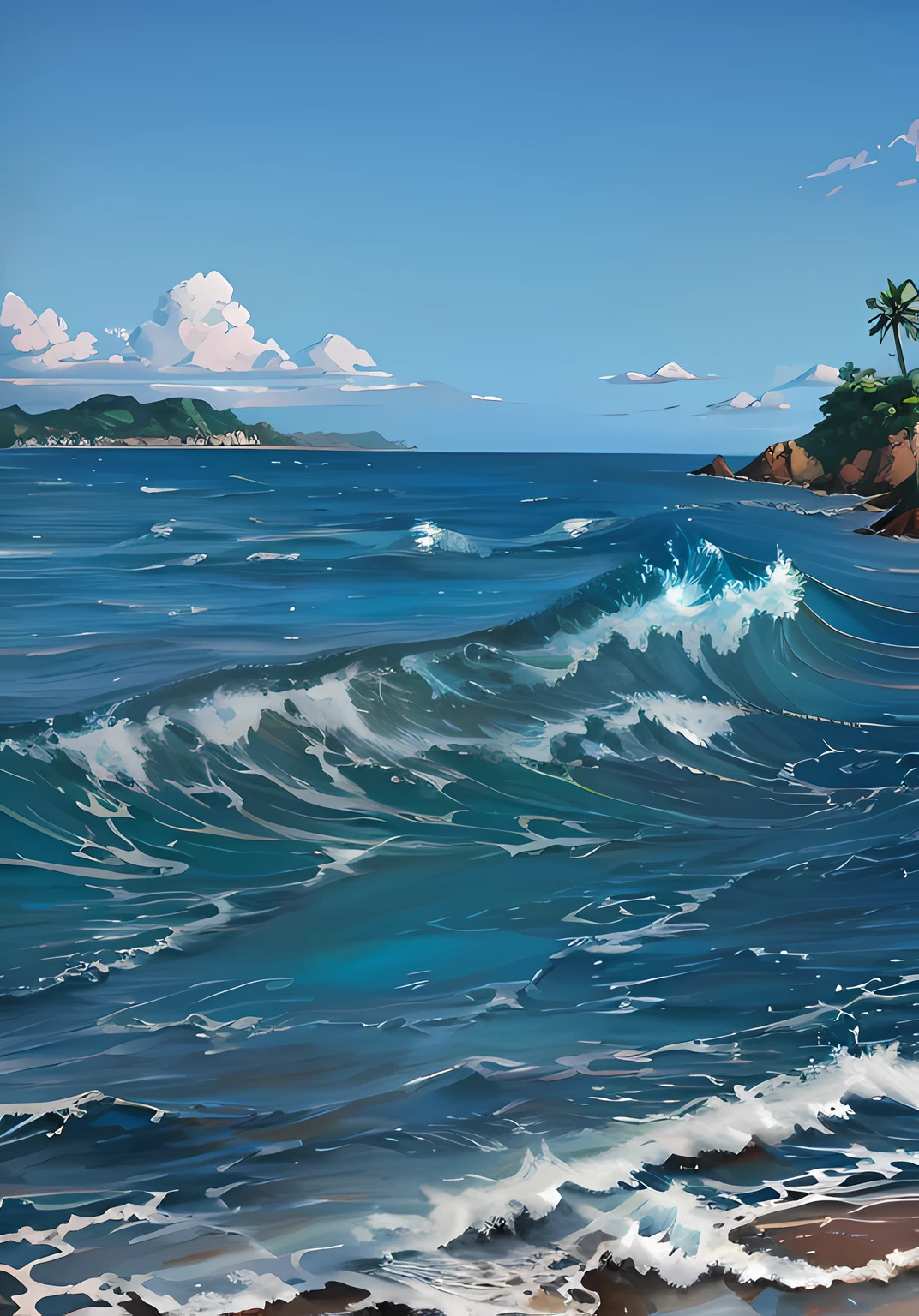 painting of a คลื่น breaking on a beach with a small island in the background, มหาสมุทรที่สมจริง, highly การวาดภาพดิจิตอลที่มีรายละเอียด, very การวาดภาพดิจิตอลที่มีรายละเอียด, การวาดภาพดิจิตอลที่มีรายละเอียดสูง, ภาพวาดสีน้ำมัน. คลื่น, azure คลื่นs of water, การวาดภาพดิจิตอลที่มีรายละเอียดสูง, น้ำที่สมจริง, ภาพวาดดิจิตอลที่งดงาม, ภาพวาดดิจิตอลคุณภาพสูง, การวาดภาพดิจิตอลที่มีรายละเอียด, ภาพวาดดิจิตอลที่สวยงาม, ภาพวาดดิจิตอลที่น่าทึ่ง