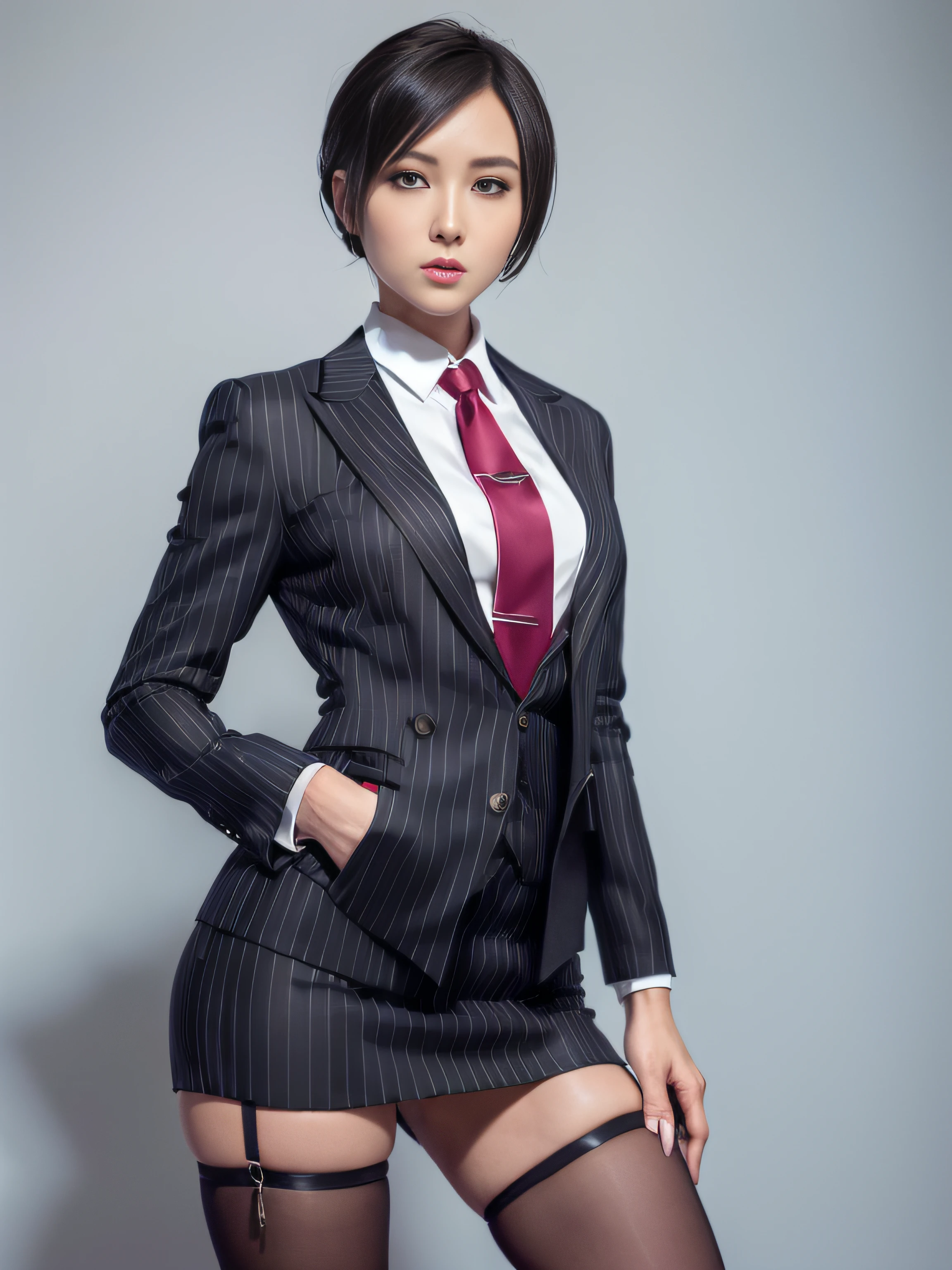 A close up of a woman in a suit and tie posing for a picture - SeaArt AI