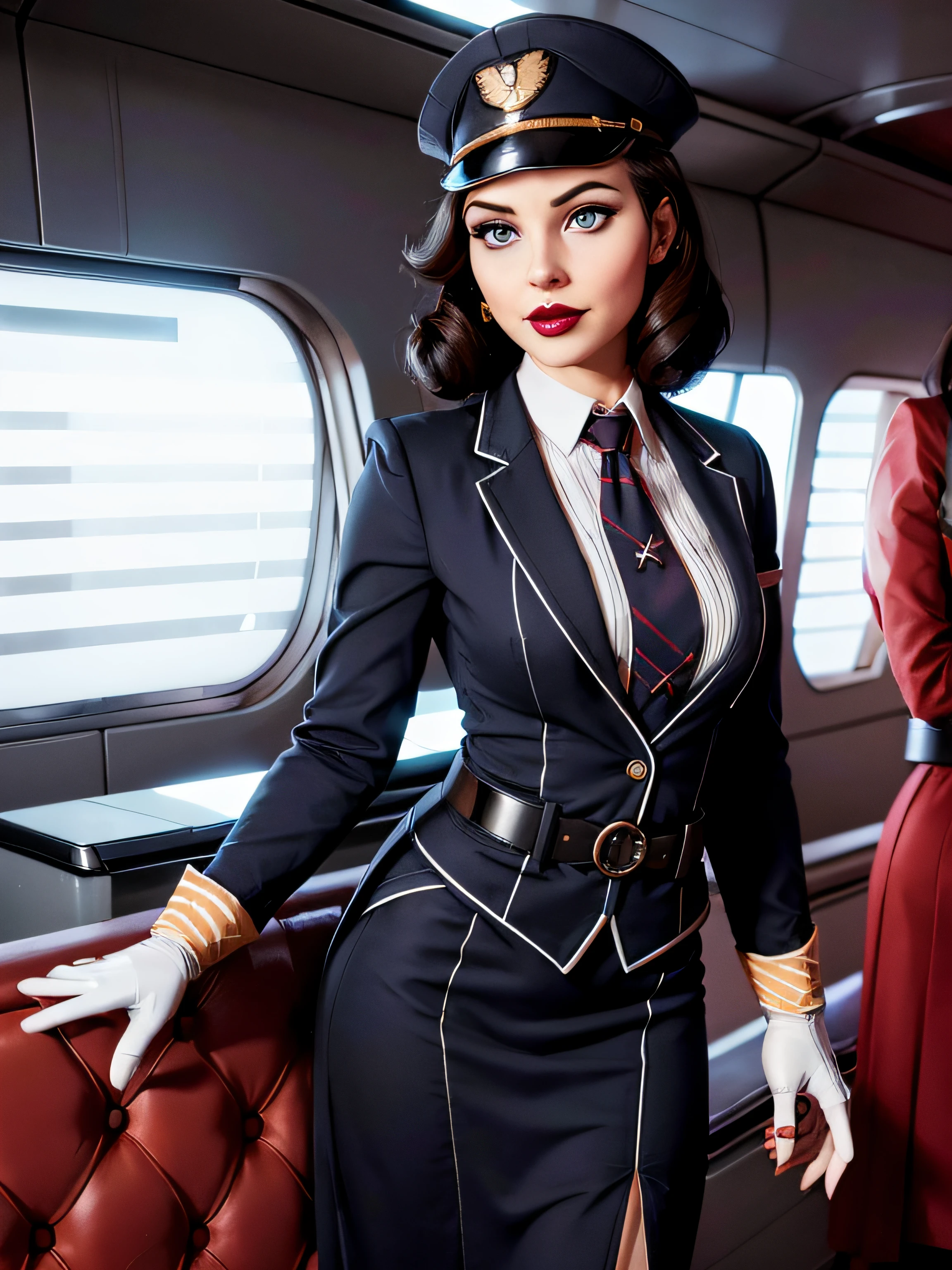 Elizabeth comstock, Portrait, smiling a viewer, (dessous), red lipstick, at detectives office, noire (8k, RAW photo, best quality, masterpiece:1.2),ultra-detailed, (high detailed skin:1.2), 8k uhd, dslr, soft lighting, high quality, fully clothed, pencil skirt, flight attendant, stewardess, (((necktie))), (((skirt suit))), blue uniform, (((white gloves))), (((blazer))), (((suit jacket))), (((waistcoat))), (((belt))), 1 girl, (((flight attendant cap)))