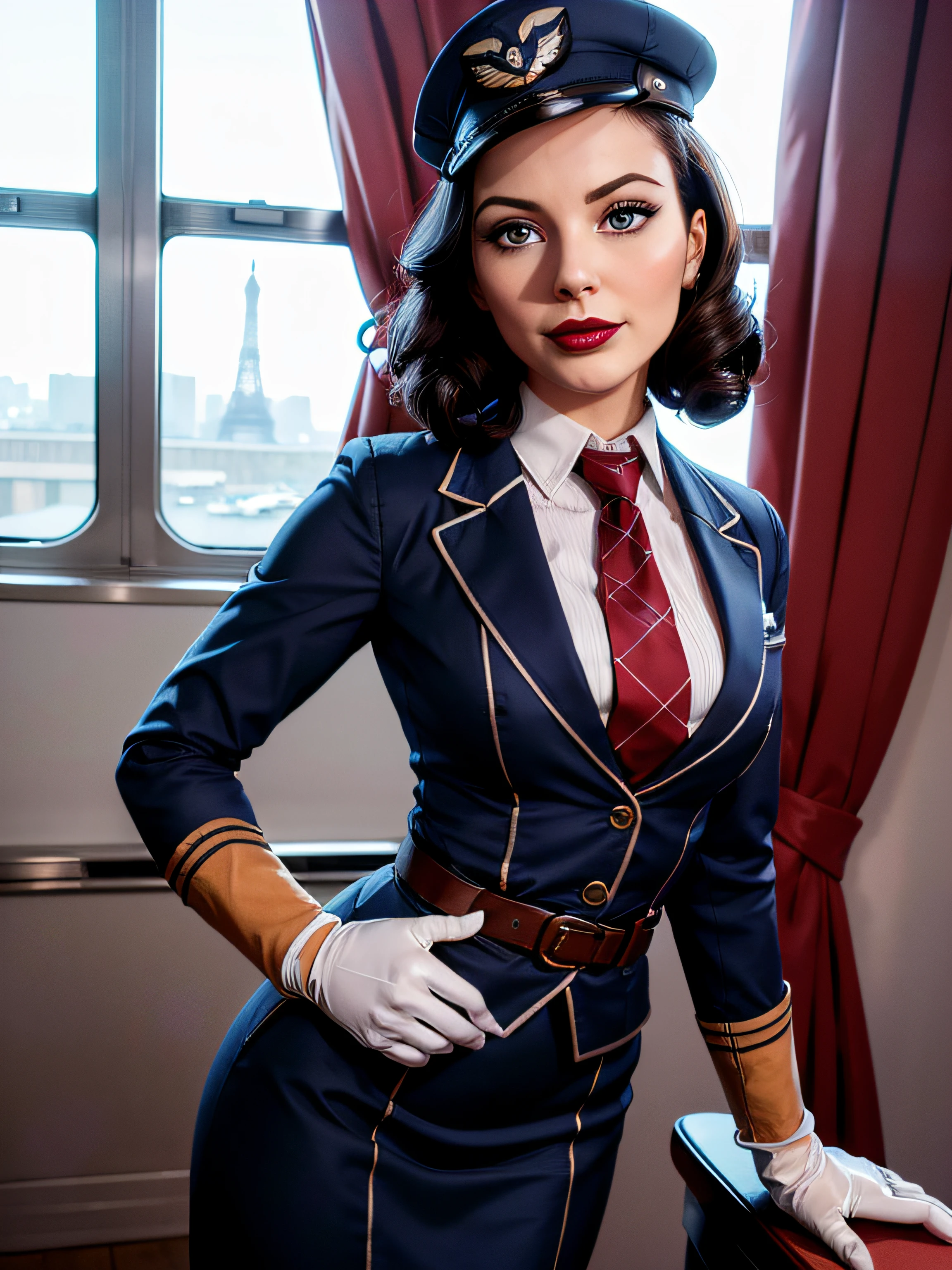 Elizabeth comstock, Portrait, smiling a viewer, (dessous), red lipstick, at detectives office, noire (8k, RAW photo, best quality, masterpiece:1.2),ultra-detailed, (high detailed skin:1.2), 8k uhd, dslr, soft lighting, high quality, fully clothed, pencil skirt, flight attendant, stewardess, (((necktie))), (((skirt suit))), (((navy uniform))), (((white gloves))), (((blazer))), (((suit jacket))), (((waistcoat))), (((belt))), 1 girl, (((flight attendant cap)))