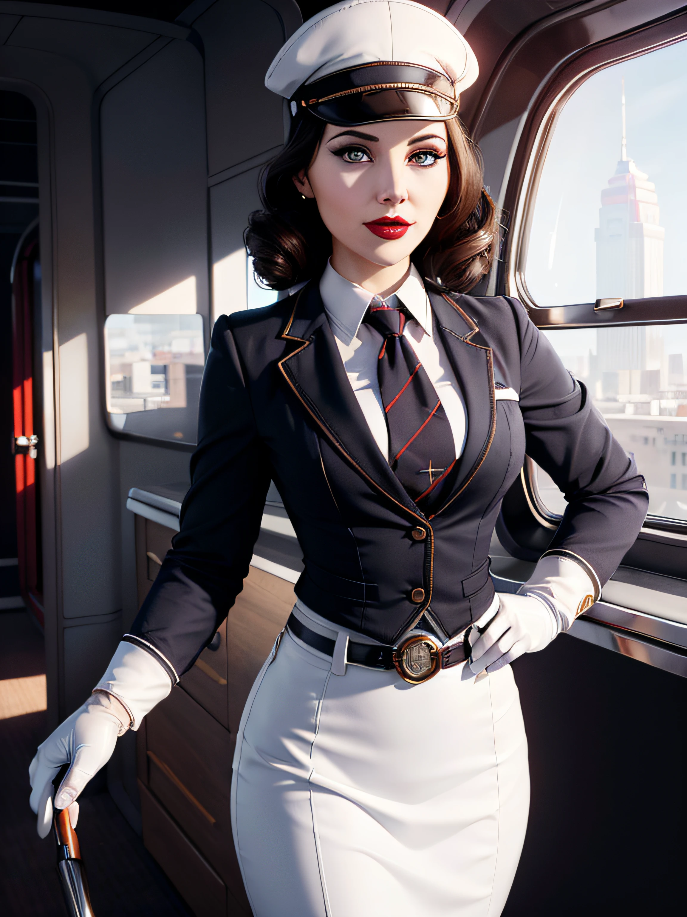 Elizabeth comstock, Portrait, smiling a viewer, (dessous), red lipstick, at detectives office, noire (8k, RAW photo, best quality, masterpiece:1.2),ultra-detailed, (high detailed skin:1.2), 8k uhd, dslr, soft lighting, high quality, fully clothed, pencil skirt, flight attendant, stewardess, (((necktie))), (((skirt suit))), (((white uniform))), (((white gloves))), (((blazer))), (((suit jacket))), (((waistcoat))), (((belt))), 1 girl, (((flight attendant cap)))