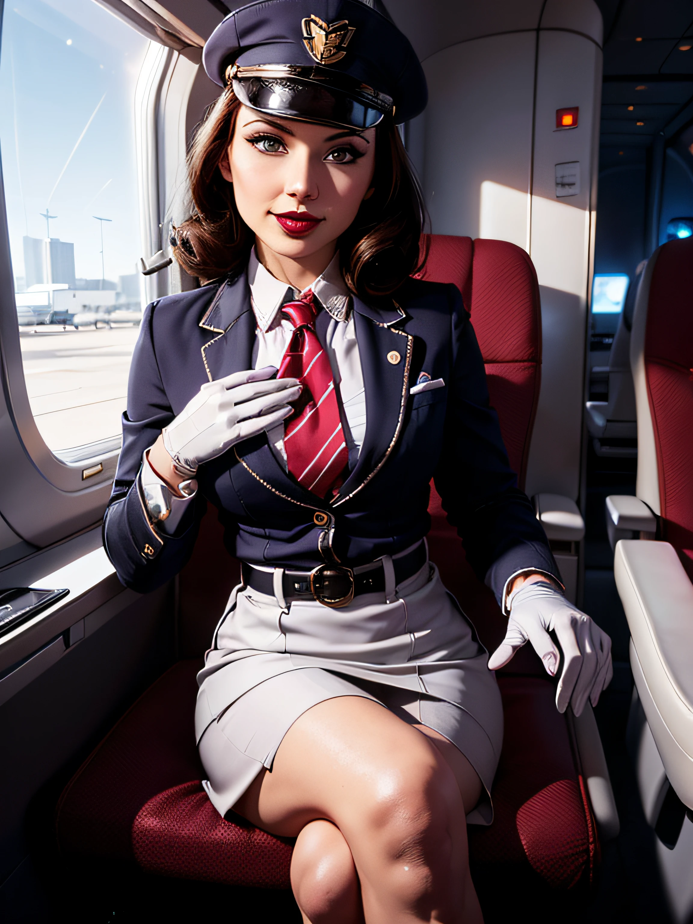 Elizabeth comstock, Portrait, smiling a viewer, (dessous), red lipstick, at detectives office, noire (8k, RAW photo, best quality, masterpiece:1.2),ultra-detailed, (high detailed skin:1.2), 8k uhd, dslr, soft lighting, high quality, fully clothed, pencil skirt, flight attendant, stewardess, (((necktie))), (((skirt suit))), (((uniform))), (((white gloves))), (((blazer))), (((suit jacket))), (((waistcoat))), (((belt))), 1 girl, (((flight attendant cap)))