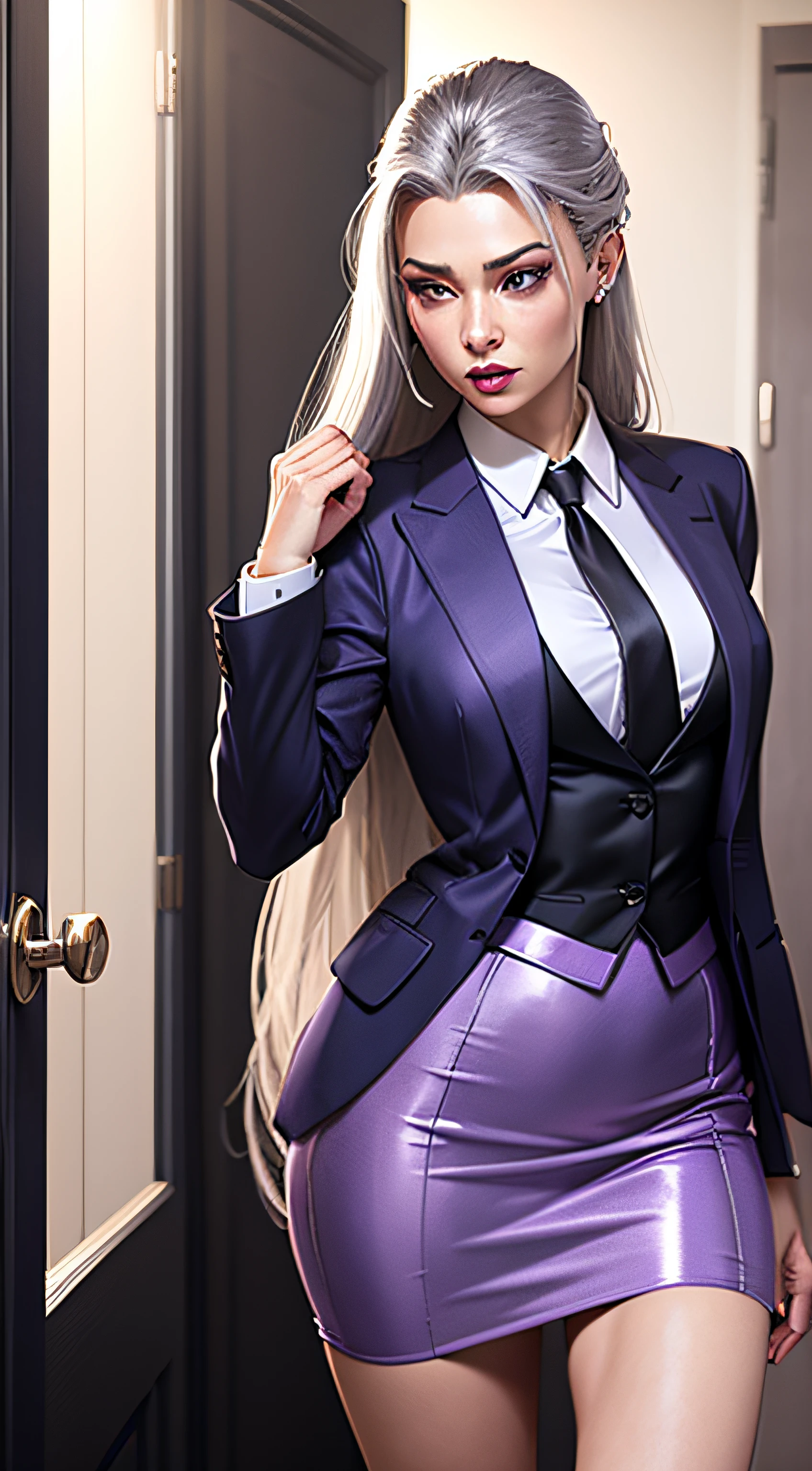 1 woman, SFW, perfect lighting, seios grandes,
gray hair
Sindel's Hair
long hair pulled back
Long, straight hair back
multicolored hair, black streak through hair
Sindel, 8k, perfect hands,((obra-prima)), purple skirt suit, satin suit and tie, (((three-piece suit))), silk dress shirt, shirt and tie, silk floral necktie, ((blazer)), ((suit jacket)), open jacket, ((waistcoat)), bodycon miniskirt, tights, pocket square, tie clip, | |
microvestido, MILF,