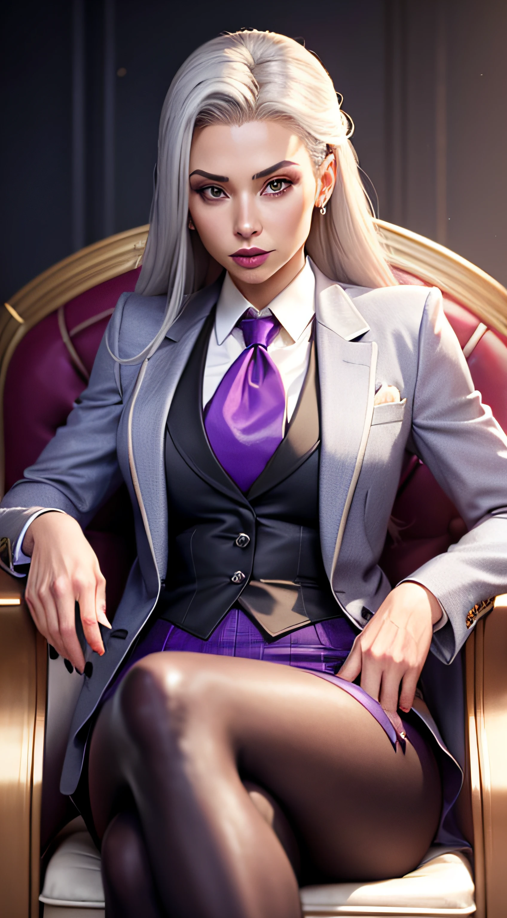 1 woman, SFW, perfect lighting, seios grandes,
gray hair
Sindel's Hair
long hair pulled back
Long, straight hair back
multicolored hair,
Sindel, 8k, perfect hands,((obra-prima)), purple skirt suit, satin suit and tie, (((three-piece suit))), silk dress shirt, shirt and tie, silk floral necktie, ((blazer)), ((suit jacket)), open jacket, ((waistcoat)), bodycon miniskirt, tights, pocket square, tie clip, | |
microvestido, MILF, sitting on throne, queen, empress, crossed legs, high class,